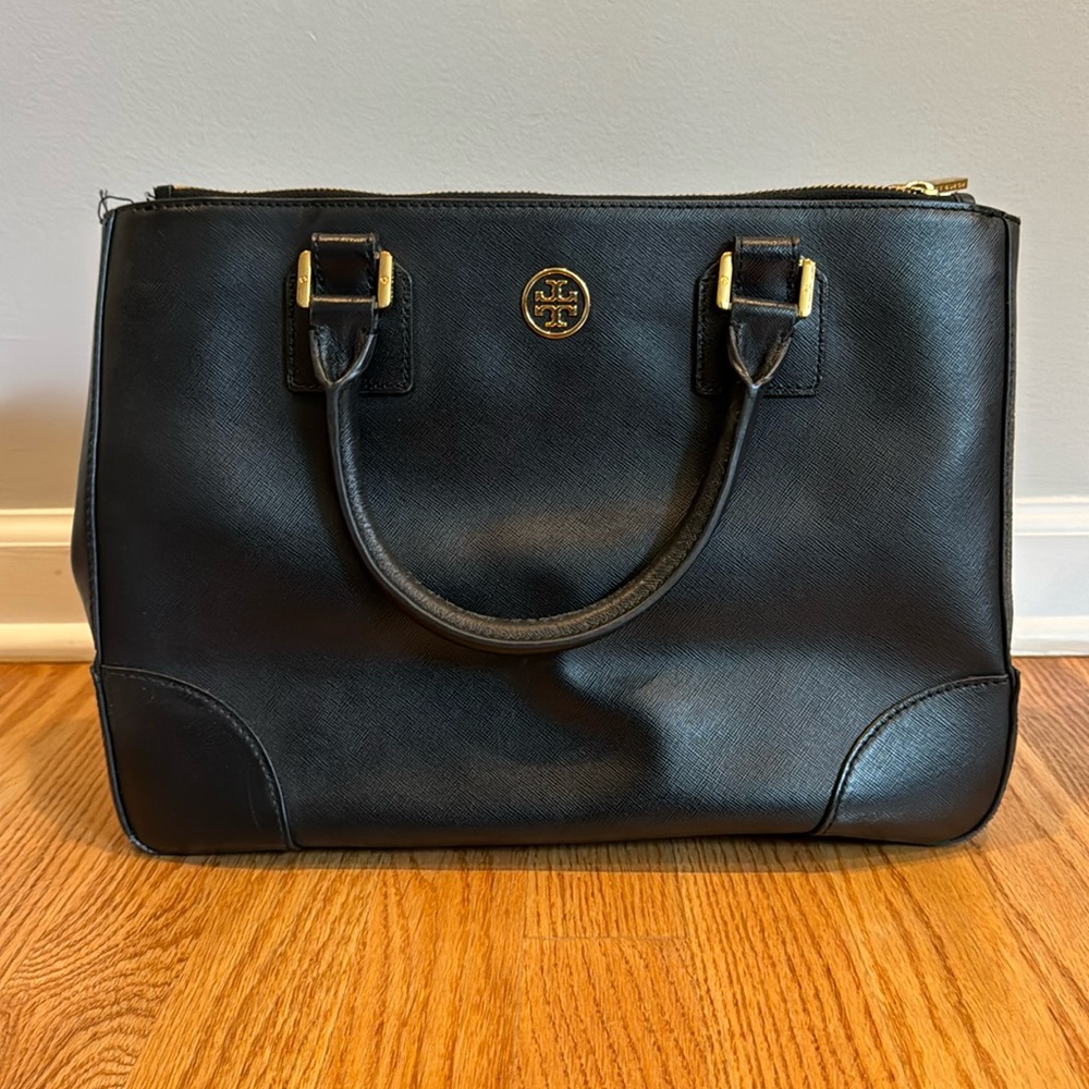 Tory Burch Robinson Double Zipper Black Leather Tote